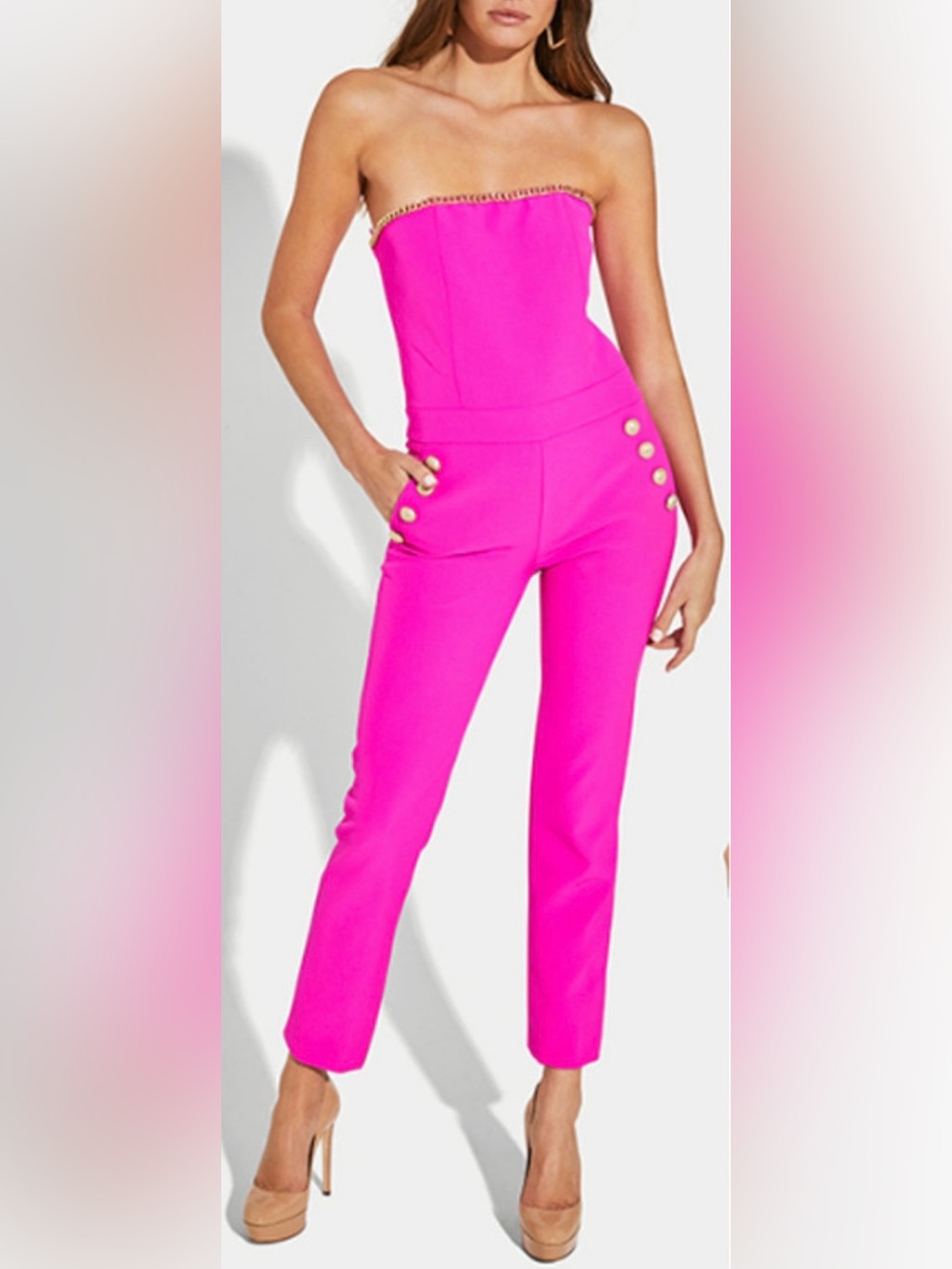 GENERATION LOVE Alexis Strapless Crepe Jumpsuit Hot Pink Gold Chain Trim Medium